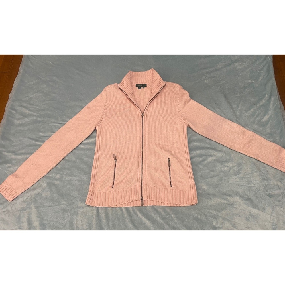 Lauren Ralph Lauren Pink Full Zip Jacket Sweater Large Mock Neck Made in Italy